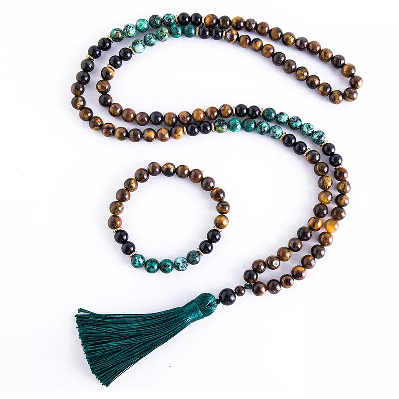 Japamala Turquesa Africana, Onyx Negra e Olho de Tigre + Pulseira de Brinde