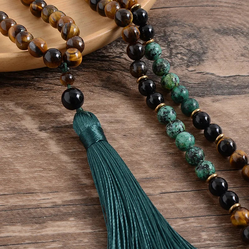 Japamala Turquesa Africana, Onyx Negra e Olho de Tigre + Pulseira de Brinde