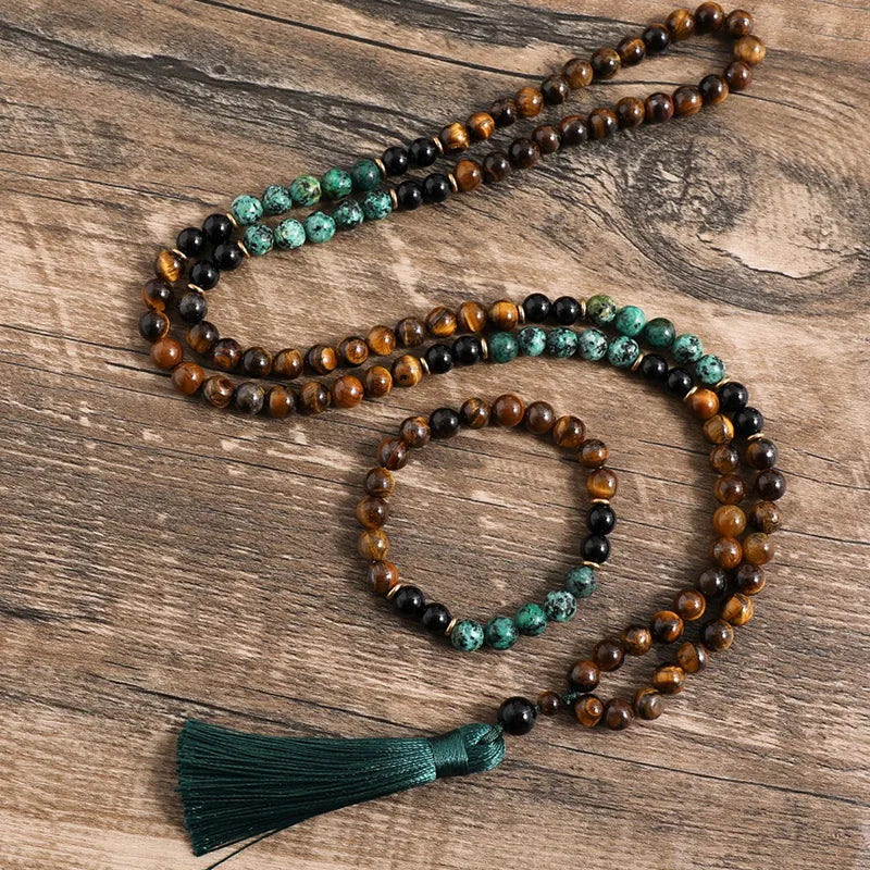 Japamala Turquesa Africana, Onyx Negra e Olho de Tigre + Pulseira de Brinde